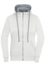 A white zip-up hoodie featuring a grey hood and drawstrings, with a front pocket and a logo.