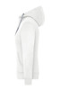 A white ladies' zip-hoody with a hood and front pocket, featuring a logo on the side.