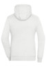 A white ladies zip hoodie with a hood, featuring long sleeves and a smooth texture. It has a logo.