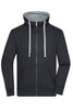 A black zip hoodie with a grey interior, featuring a front pocket and contrasting drawstrings.