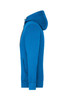 A vibrant blue men's zip-up hoodie featuring a hood and front pockets, with a logo on the side.