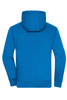 A bright blue men's zip-up hoodie featuring a spacious hood and a back view, with a branding logo present.