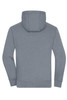 A grey zip-hoodie with a hood and long sleeves, showcasing a simple design. It features a logo on the back.