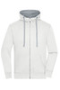 A zip-up hoodie in light grey with a contrasting hood, featuring front pockets and drawstrings.