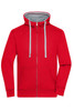 A red zip-up hoodie with a grey interior, featuring a front pocket and a logo on the chest.