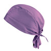 A purple bandana with a smooth texture, featuring a tied back design. It includes a logo on the surface.