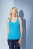 A turquoise ladies' elastic top tank shirt displayed on a model, set against a light blue backdrop.