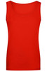 A red ladies' elastic top featuring a scoop neckline and no sleeves, with a plain design and a logo.