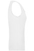 A white elastic top with a sleeveless design, featuring a fitted shape and a logo on the side.