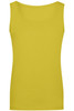 A yellow ladies' elastic top with a scoop neckline, featuring a logo on the fabric.