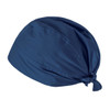 A navy bandana with a tied design, featuring soft fabric and a sleek, smooth appearance. It has a logo on it.