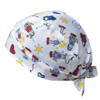 A white bandana featuring colourful cartoon designs, including hearts, cars, and sun motifs, with a tied knot.