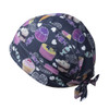 A dark bandana featuring colourful illustrations of sweets and desserts, with a knot at the back.
