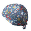 A bandana featuring a blue background with colourful medical-themed illustrations and a tied back design.