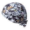 A bandana featuring a playful pattern of various animals in black, white, and multi-coloured designs, with a tied back.