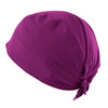 A purple bandana with a tied back design, featuring a smooth and breathable fabric. It has a branding logo.