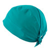A turquoise bandana with a tied knot at the back, featuring a smooth, stretchy fabric. 