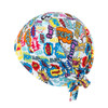A colourful bandana featuring comic-style speech bubbles with vibrant patterns and a tied knot design.
