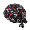 A black bandana with vibrant red and white graphics and a knot at the back, featuring various word designs.