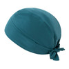 A teal bandana headwear with a tied design at the back, featuring a smooth texture and a logo.
