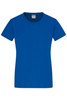 A blue ladies' t-shirt with a crew neck and short sleeves, featuring a logo on the front.
