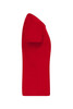 A red T-shirt with short sleeves and a fitted design, featuring a branding logo.
