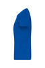 A blue T-shirt with short sleeves and a rounded neckline, featuring a logo on the side.