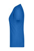 A blue ladies' V-neck t-shirt displayed from the side, featuring a simple design and a logo.