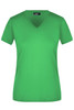 A green ladies V-neck t-shirt with short sleeves, featuring a logo on the label.