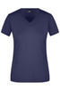A navy V-neck women's t-shirt with short sleeves, featuring a brand logo.