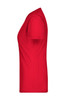 A red ladies' V-neck T-shirt displayed from the side, featuring a fitted silhouette and short sleeves.