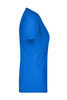 A side view of a short-sleeved t-shirt in bright blue with a fitted design and no visible logos.