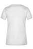 A plain white ladies t-shirt with short sleeves and a round neckline. It features a branding logo on the back.