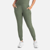 A pair of mid-rise joggers in olive green with two front pockets, featuring an elastic waistband and cuffs.