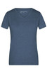 A ladies' heather navy T-shirt featuring a V-neck and short sleeves, with a logo on the label.