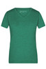 A green ladies' heather T-shirt with a V-neck and short sleeves. The shirt features a logo.