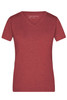 A red ladies' heather V-neck t-shirt with short sleeves and a logo.