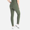 A pair of green tapered leg pants with a fitted design and elastic waistband, featuring a logo.