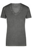 A grey ladies' t-shirt with a V-neck and short sleeves, featuring a subtle faded design. It includes a branding label.