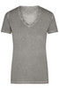 A grey Ladies Gipsy T-Shirt with a V-neck and short sleeves, featuring a subtle vintage look and a branding logo.