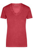 A red ladies' t-shirt featuring a v-neck design and short sleeves. The shirt has a branding logo.