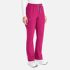 A pair of bootcut pants in vibrant fuchsia, featuring an elastic waistband and a logo on the side.