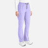 A pair of lilac bootcut pants with a drawstring waist and two side pockets. The pants feature a logo on the side.