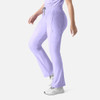 A pair of lilac bootcut pants featuring an elastic waistband and pockets. The pants have a logo on them.