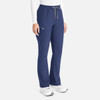 A pair of navy bootcut pants with an elastic waistband and drawstring, featuring side pockets and a logo.
