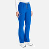 A pair of blue bootcut pants with a drawstring waistband, featuring pockets and a logo.