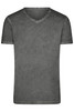 A grey v-neck t-shirt with a soft, textured finish, featuring a logo on the fabric.