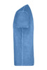 A blue men's T-shirt displayed from the side, featuring a round neckline and short sleeves. It has a logo present.