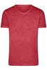 A red v-neck men's t-shirt with a subtle texture, featuring a logo on the front.