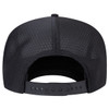 A black 5 panel high crown air mesh back trucker hat with an adjustable strap at the back.